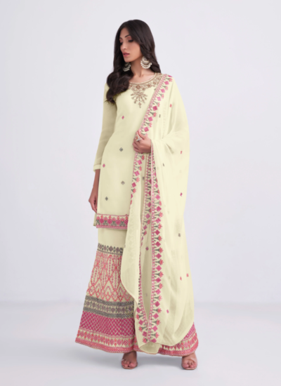 LIGHT YELLOW COLOURED EMBROIDERED SHARARA SUIT