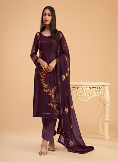 WINE COLOURED EMBROIDERED UNSTITCHED SUIT