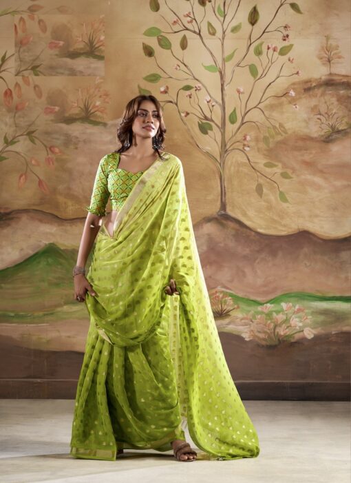 LIME GREEN BANARASI BUTTA GEORGETTE SAREE