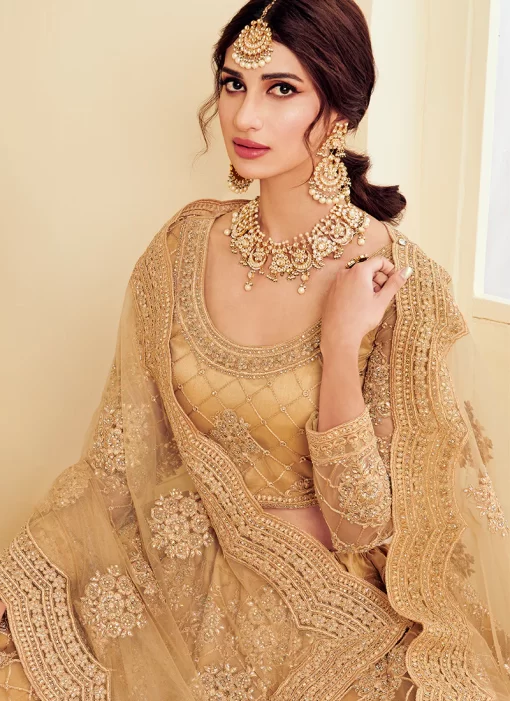 GOLDEN BEIGE NET EMBROIDERED LEHENGA CHOLI SET