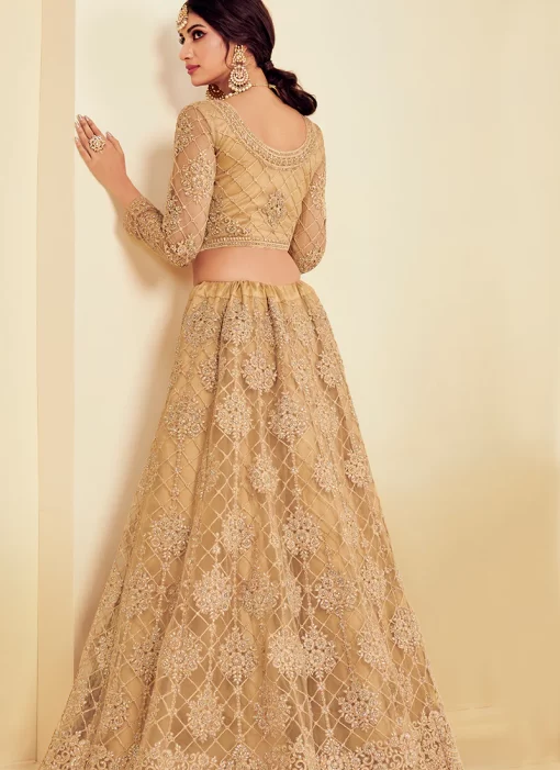 GOLDEN BEIGE NET EMBROIDERED LEHENGA CHOLI SET