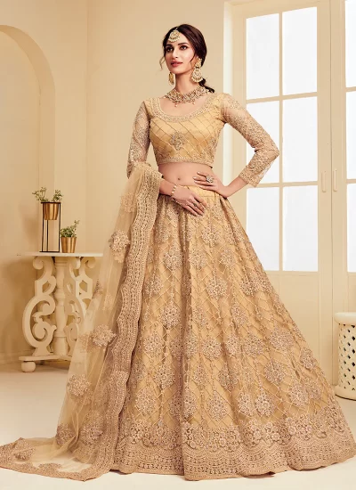 GOLDEN BEIGE NET EMBROIDERED LEHENGA CHOLI SET