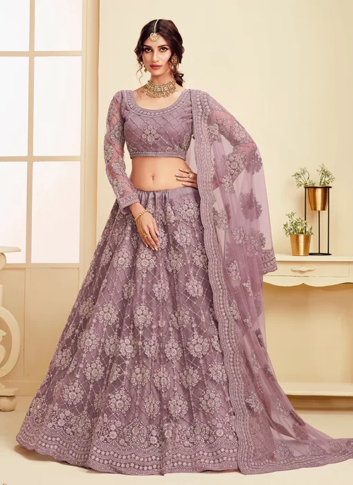 VIOLET NET EMBROIDERED BRIDAL LEHENGA CHOLI SET