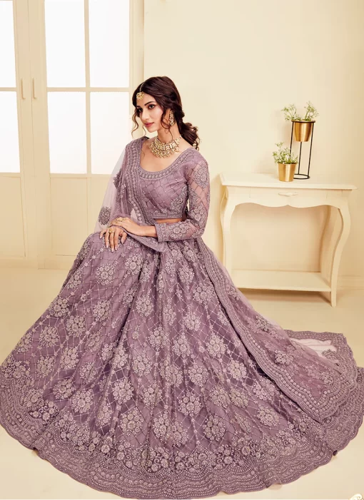 VIOLET NET EMBROIDERED BRIDAL LEHENGA CHOLI SET