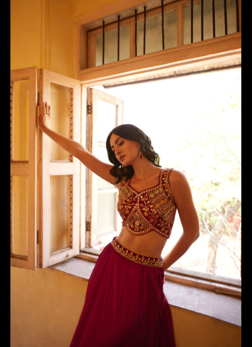 MAROON EMBROIDERED PARTY WEAR LEHENGA CHOLI SET