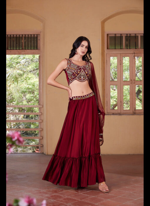 MAROON EMBROIDERED PARTY WEAR LEHENGA CHOLI SET