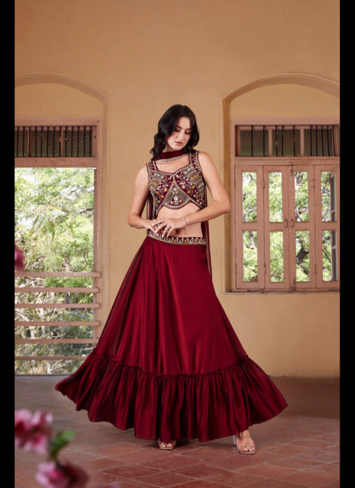 MAROON EMBROIDERED PARTY WEAR LEHENGA CHOLI SET