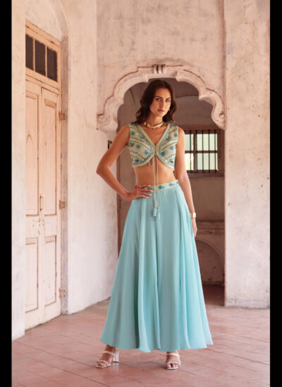 GREYISH BLUE EMBROIDERED PARTY WEAR LEHENGA SET