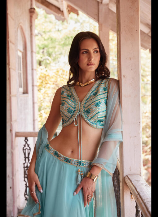 GREYISH BLUE EMBROIDERED PARTY WEAR LEHENGA SET