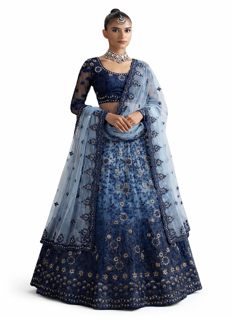Navy blue embroidered lehenga set with sheer blue dupatta and detailed floral embroidery for weddings and festive wear