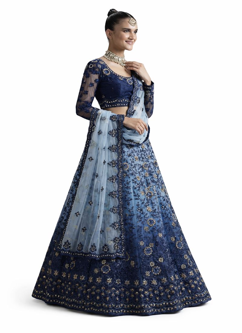 Navy blue embroidered lehenga set with sheer blue dupatta and detailed floral embroidery for weddings and festive wear